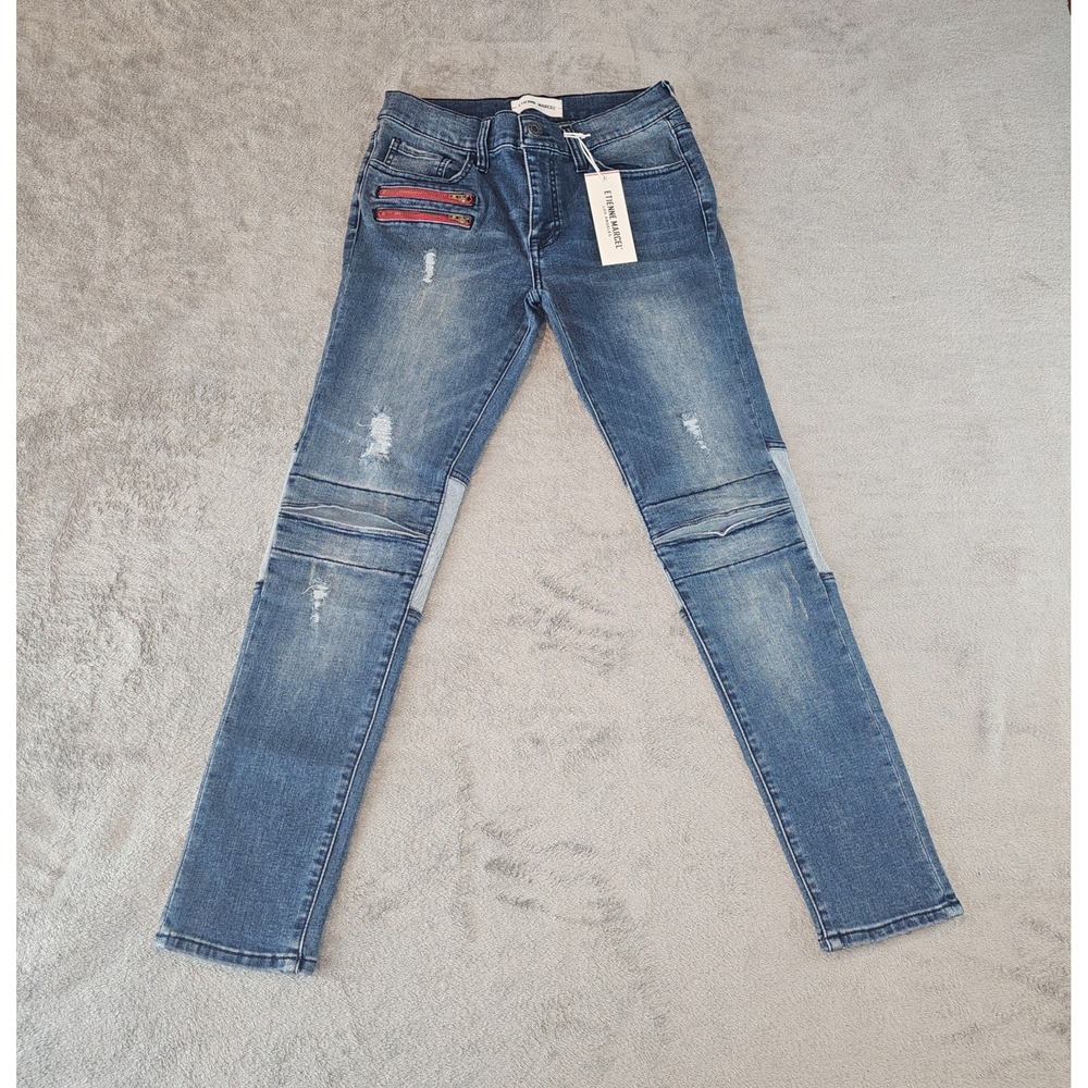 ETIENNE MARCEL EM2006 SKINNY Women's Zip Pockets‎ Destructed Jeans sz 28 Red Zip